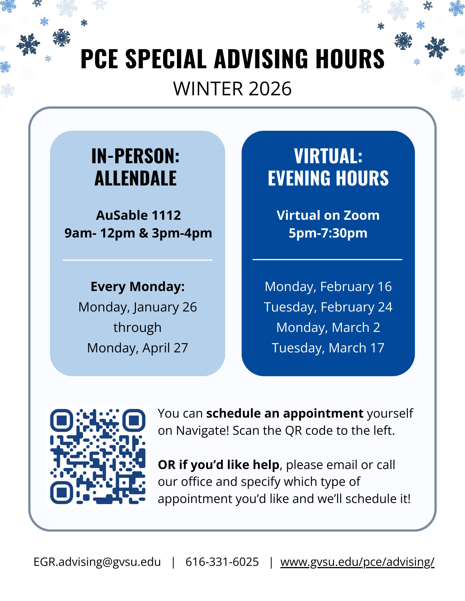 Flyer advertising PCE Advising Special advising hours for Winter 2026